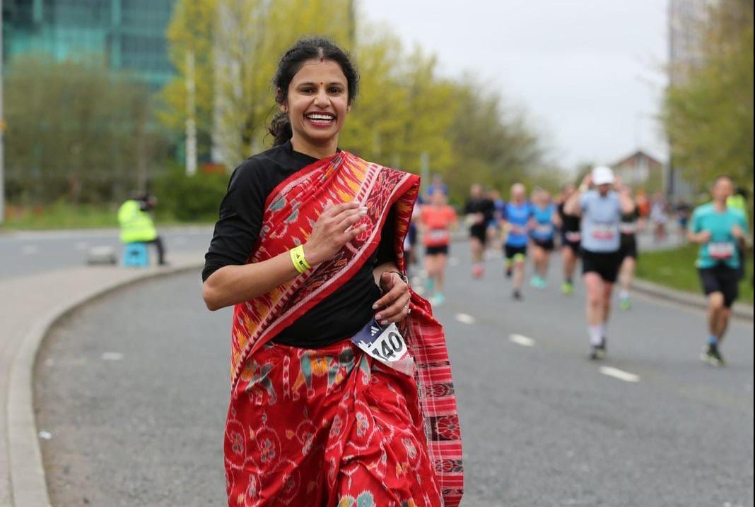 Madhusmita Jena wins hearts by running UK Marathon in Odisha Handloom Saree